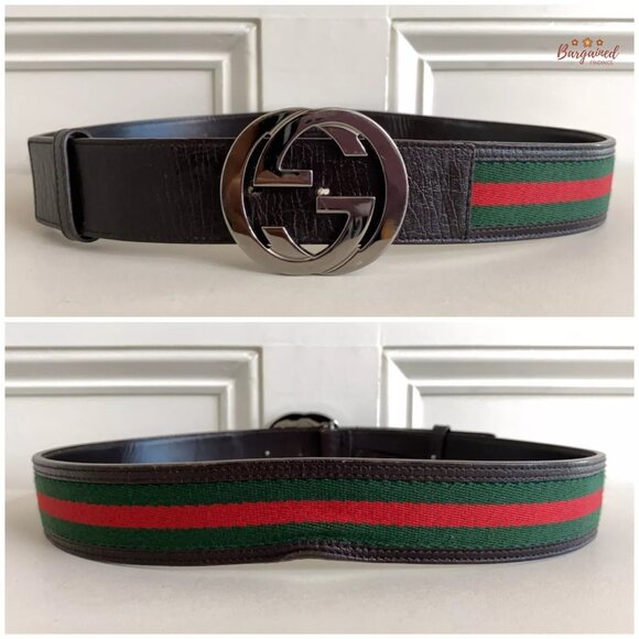 Authentic Gucci Web Green/Red Canvas Silver Interlocking G Buckle Belt 85/34 - Picture 5 of 12